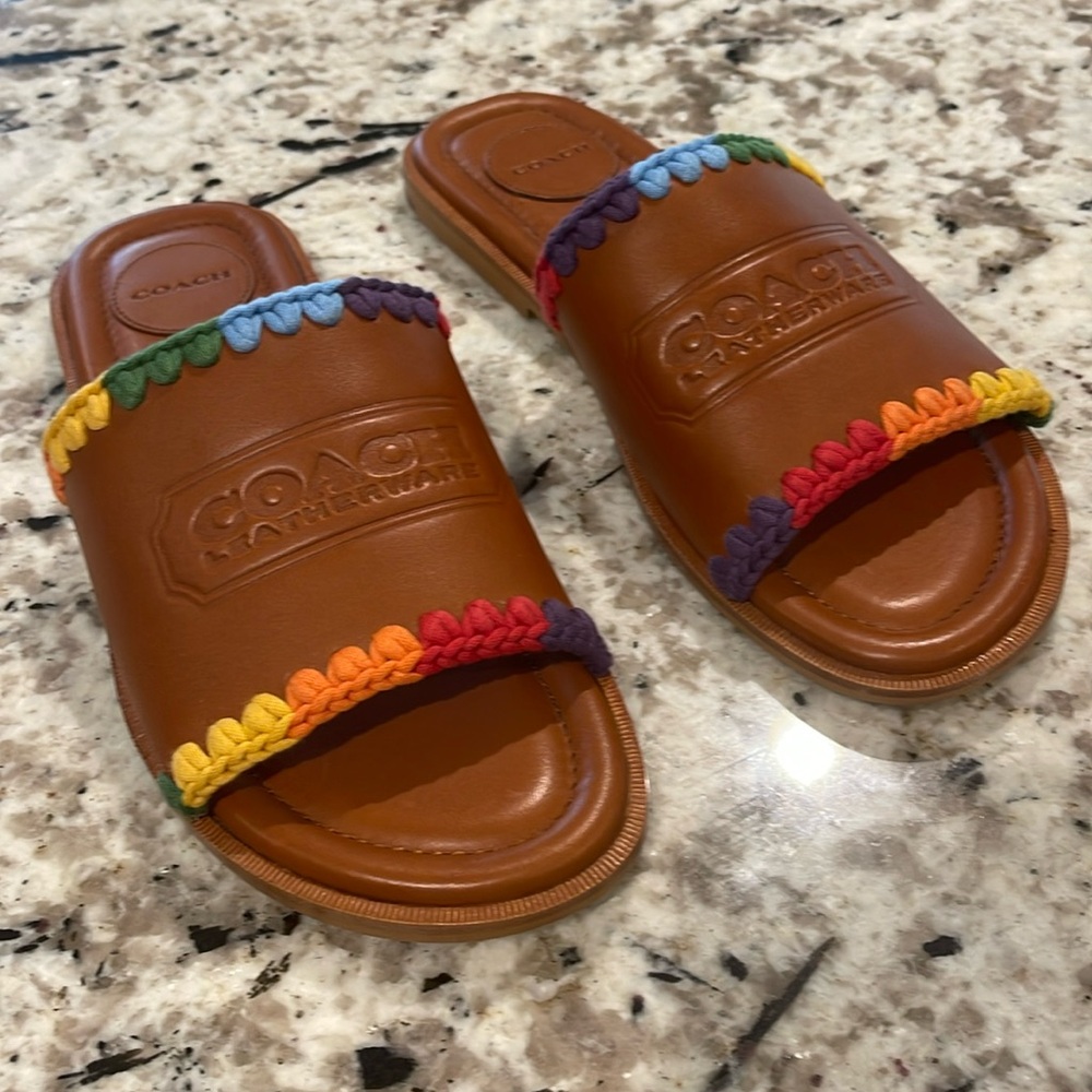 Coach Women’s Tan Leather Slide Sandals with Rainbow Trim